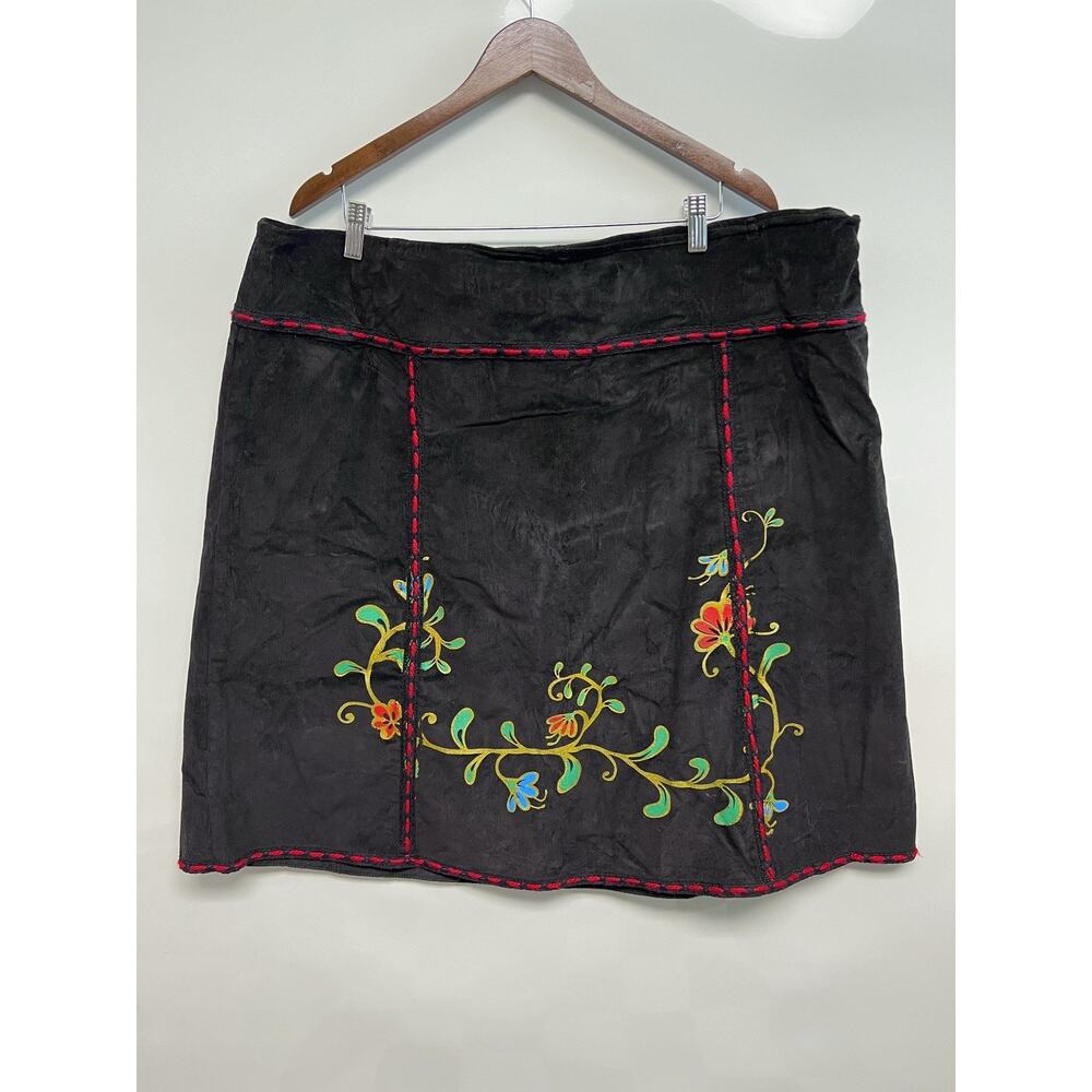 VTG 90s Folk Art Style Skirt Painted Floral Corduroy Fairy Cottage Grunge Sz 24